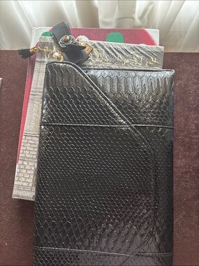 Like New Bella by Qara Black Textured Clutch with Geometric Design